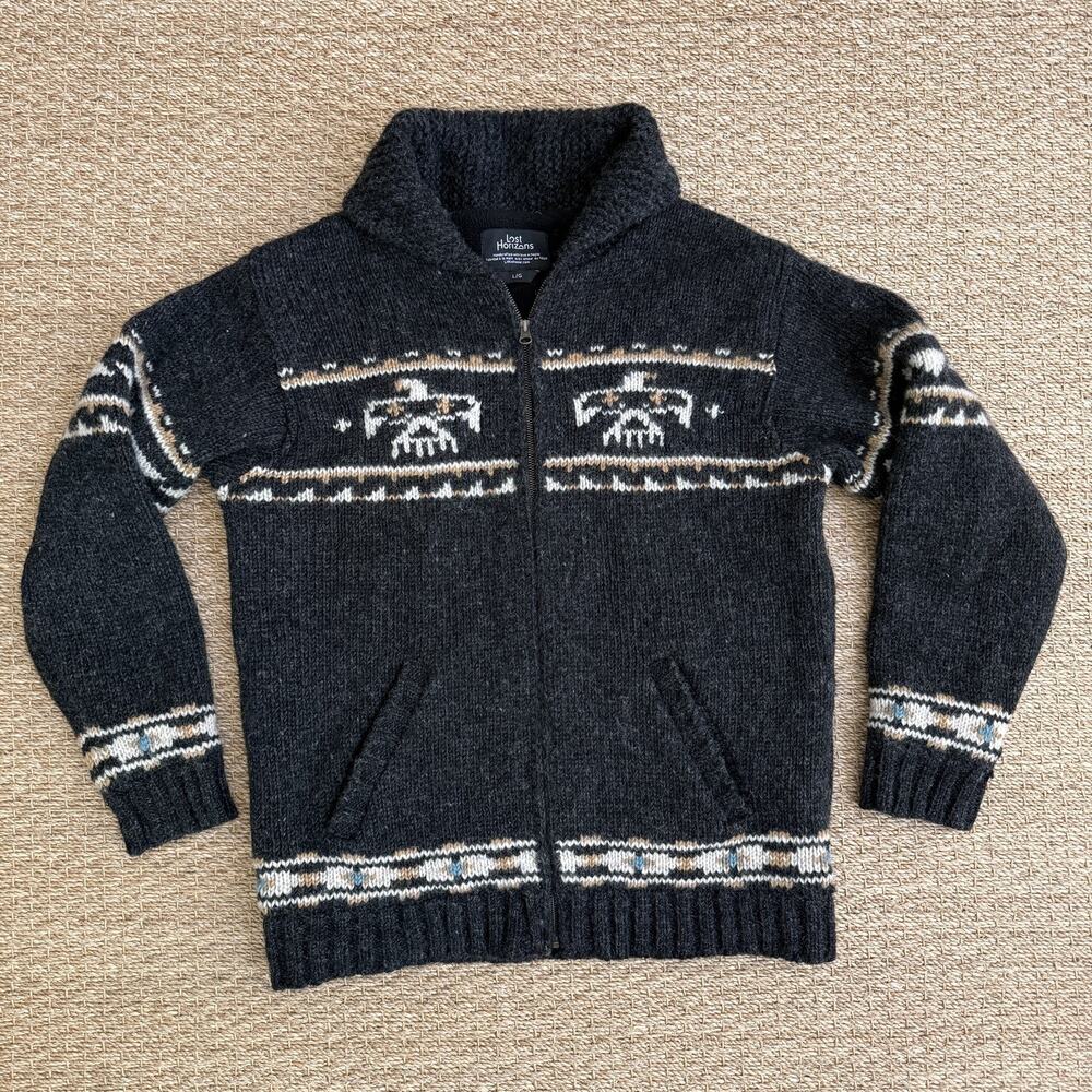 Lost Horizons Nepal 100% Wool Knit Eagle Sweater Woven Tribal Pattern Mens Large
